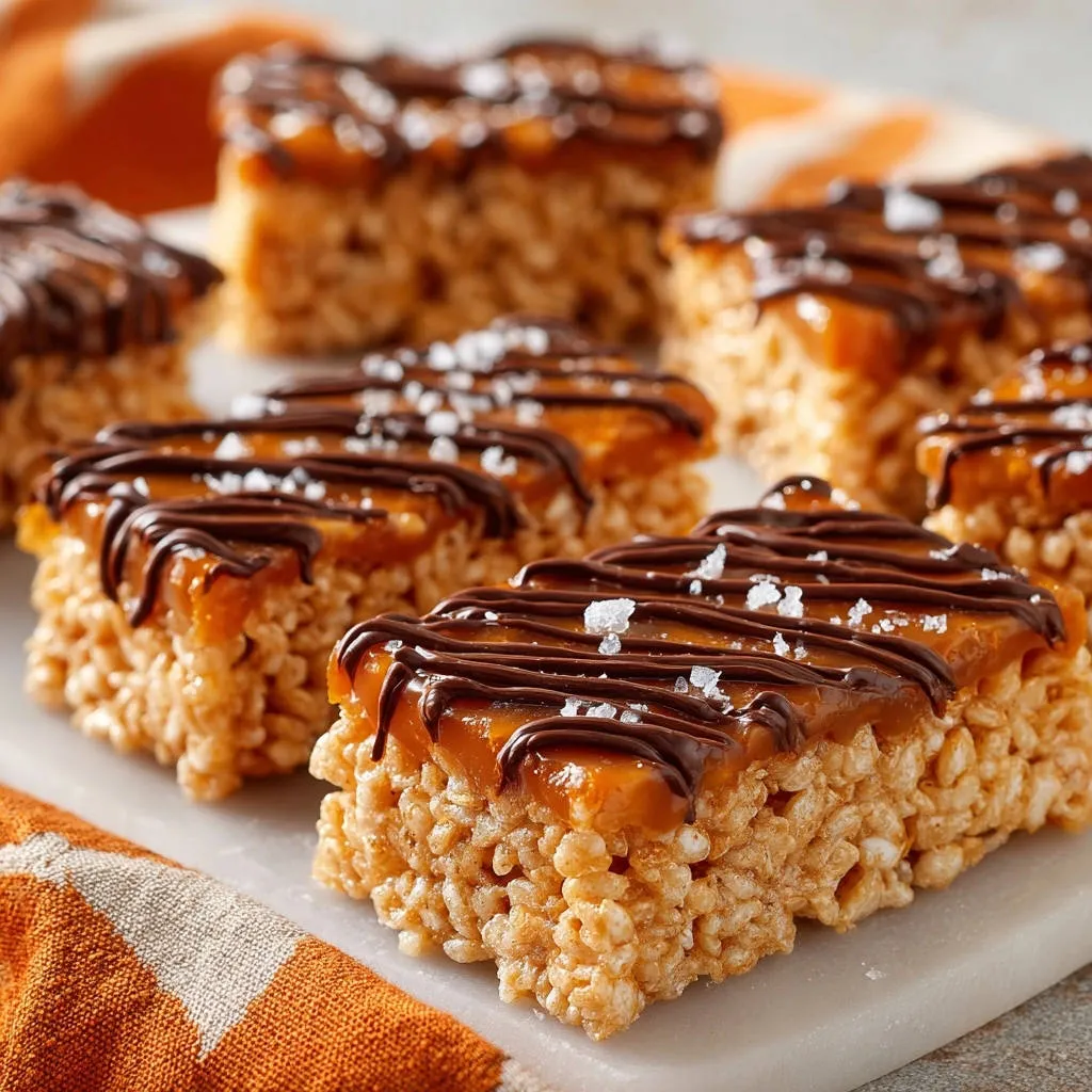Salted Caramel Chocolate Rice Krispie Treats with a close-up view of the gooey caramel and chocolate drizzle topping.