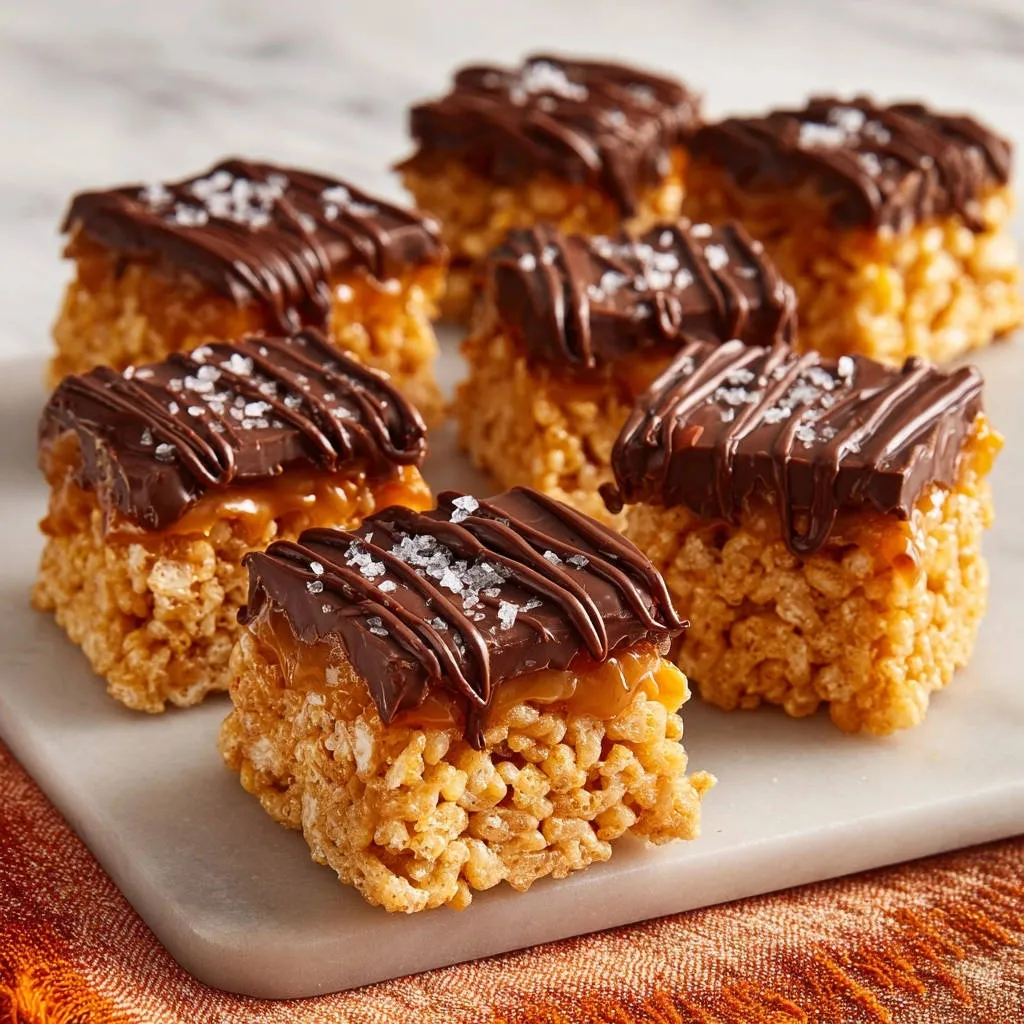 Salted caramel chocolate Rice Krispie treats drizzled with chocolate and sprinkled with sea salt, arranged on a marble slab.