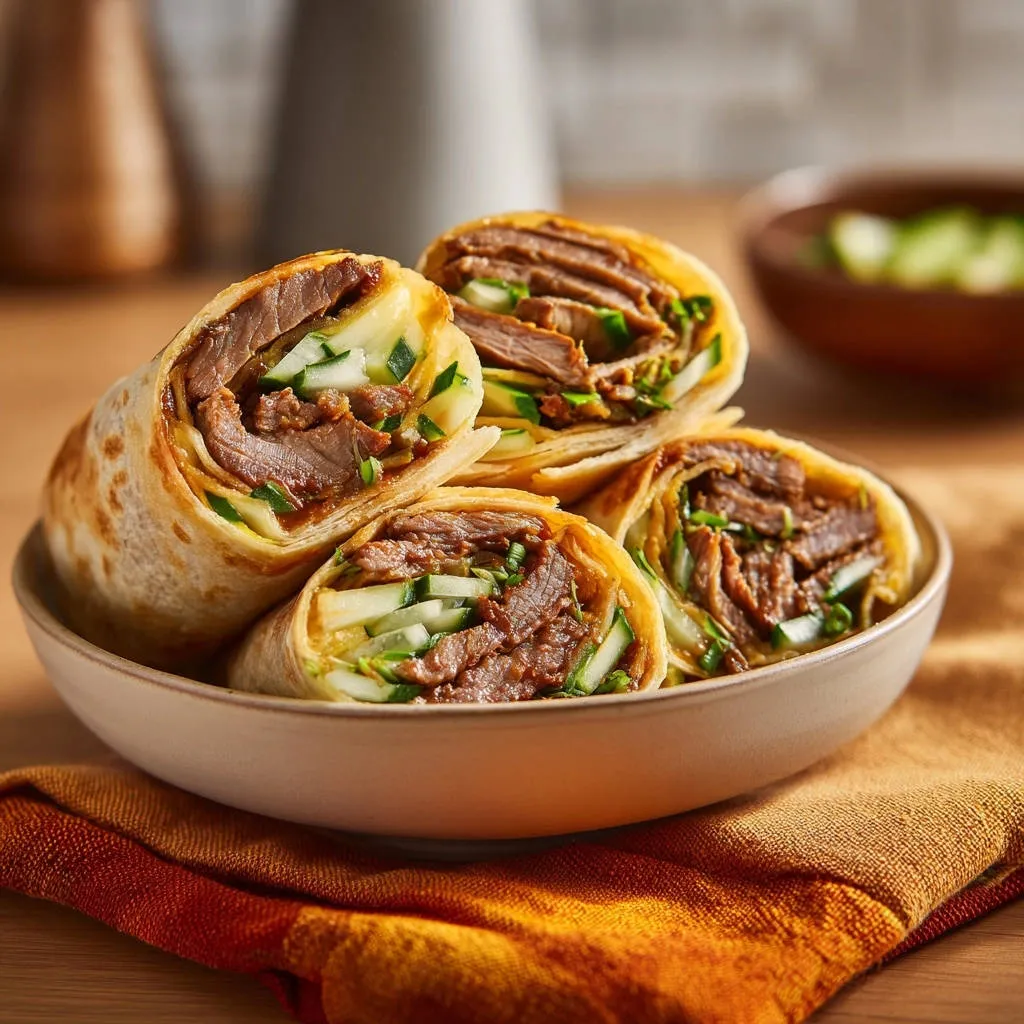 Savory beef and cucumber wraps shown in a cross-section, revealing the tender meat and crisp cucumber filling.