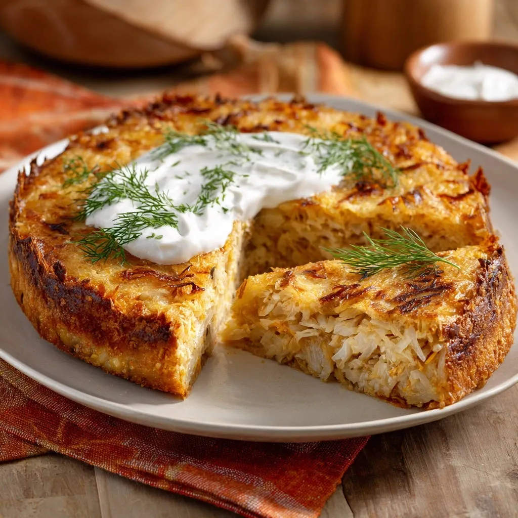 Savory potato tart showing a cross-section with a dollop of creamy topping and fresh dill garnish.