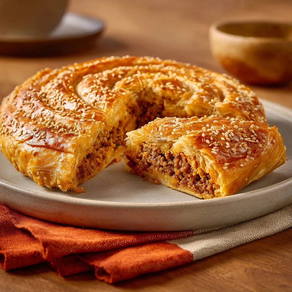 Savory spiral meat pie showing a close-up cross-section revealing the seasoned ground meat filling and flaky pastry.