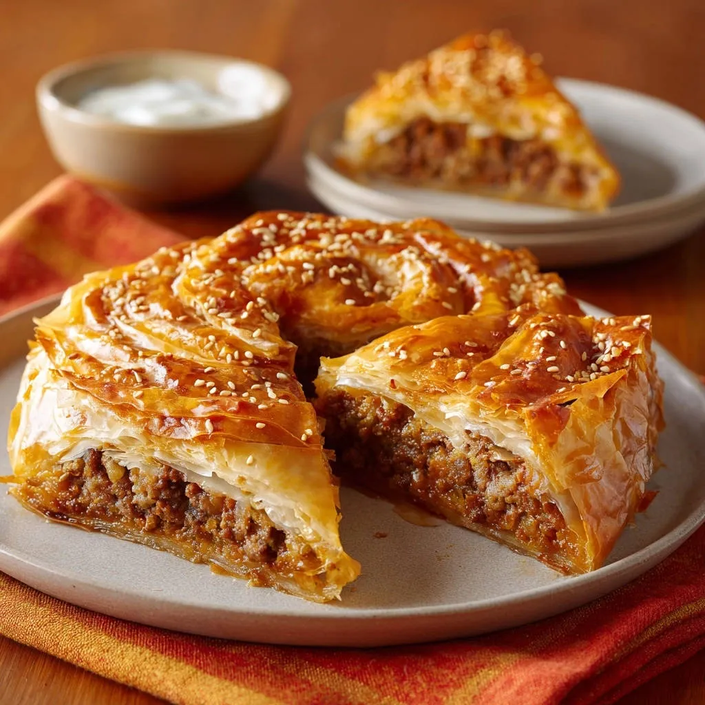 Savory spiral meat pie shown in a close-up cross-section, revealing its flaky pastry and rich filling.