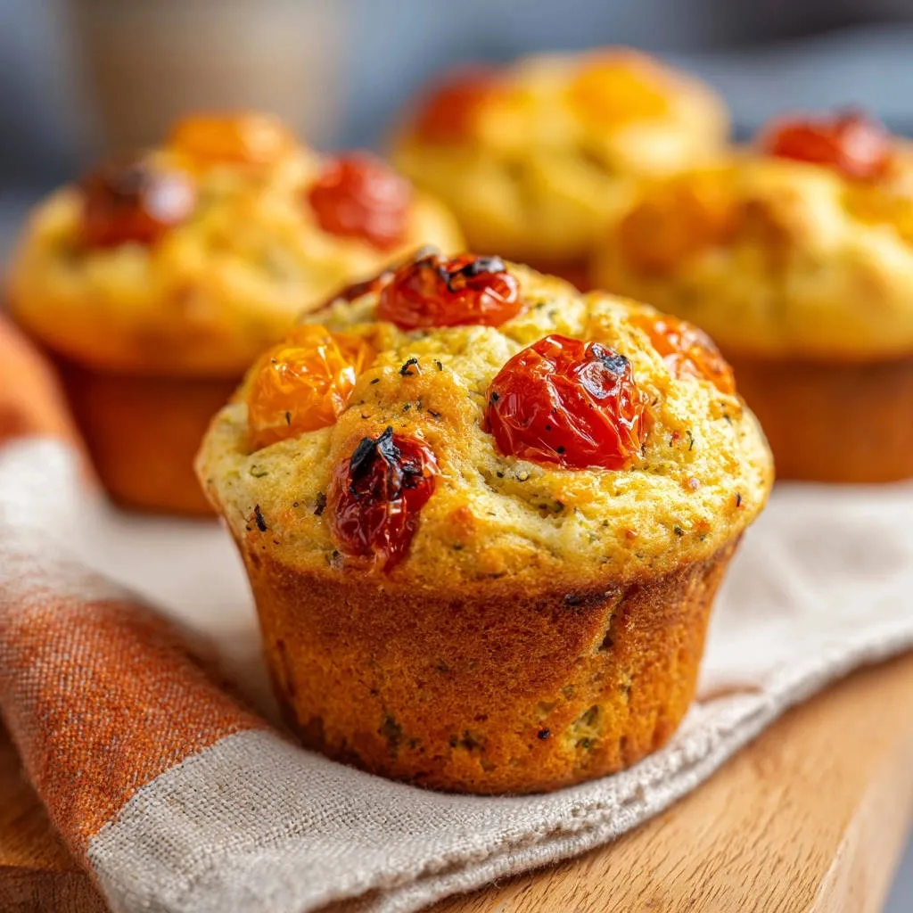 Savory tomato herb muffins with a close-up view of the roasted cherry tomato and herb topping.