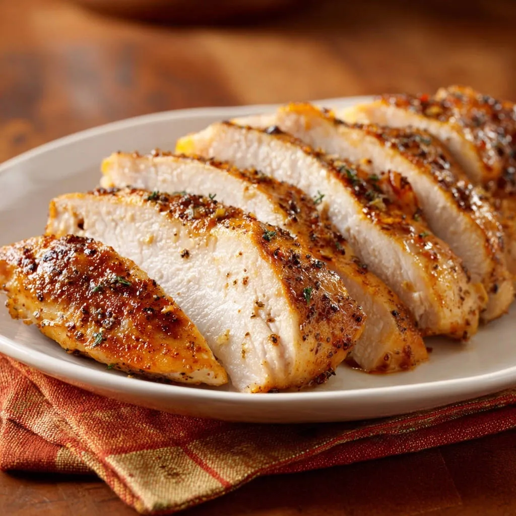 Seasoned chicken breast sliced to show a juicy cross-section with a flavorful spice crust.