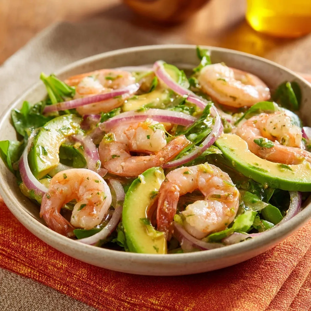 Shrimp & Avocado Salad in a rustic bowl, featuring juicy shrimp, creamy avocado, and red onion with a light dressing.