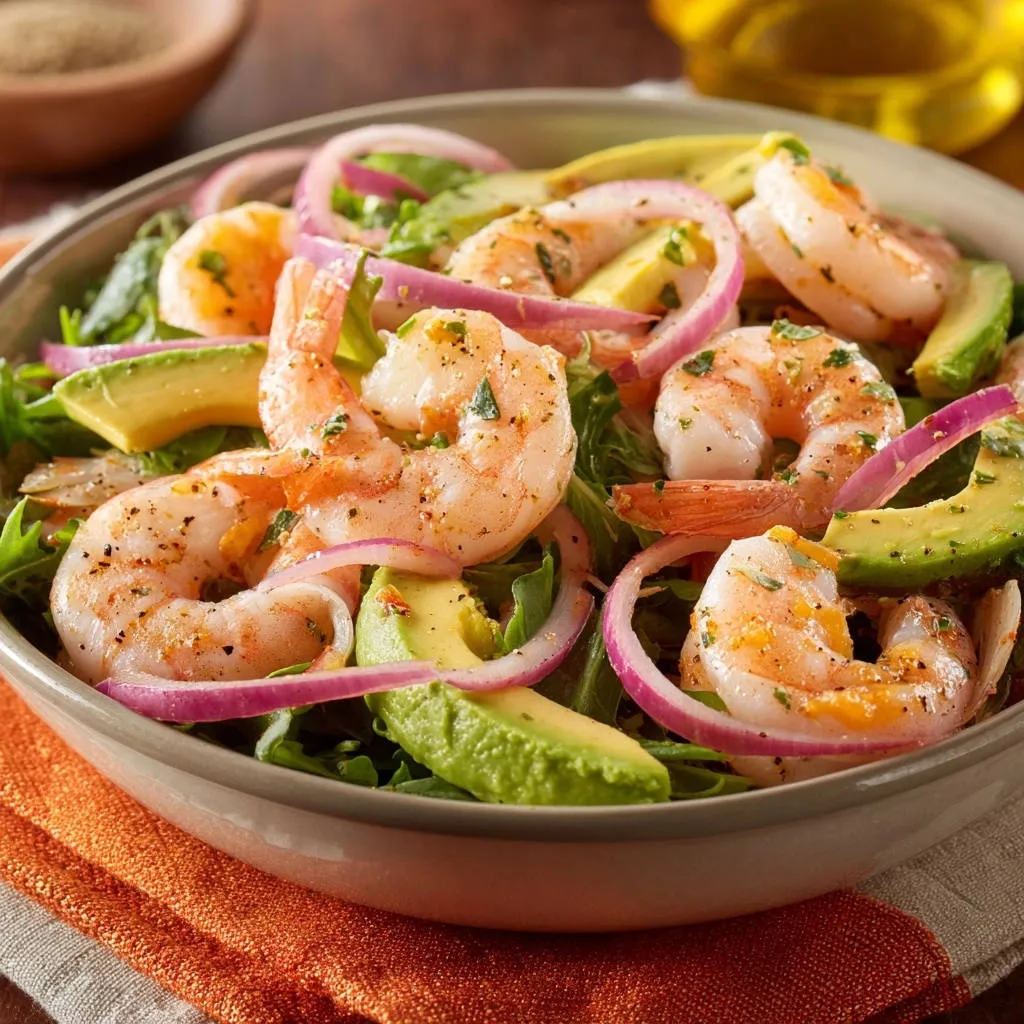 Shrimp & Avocado Salad served in a bowl, featuring juicy shrimp, creamy avocado, and red onion rings.