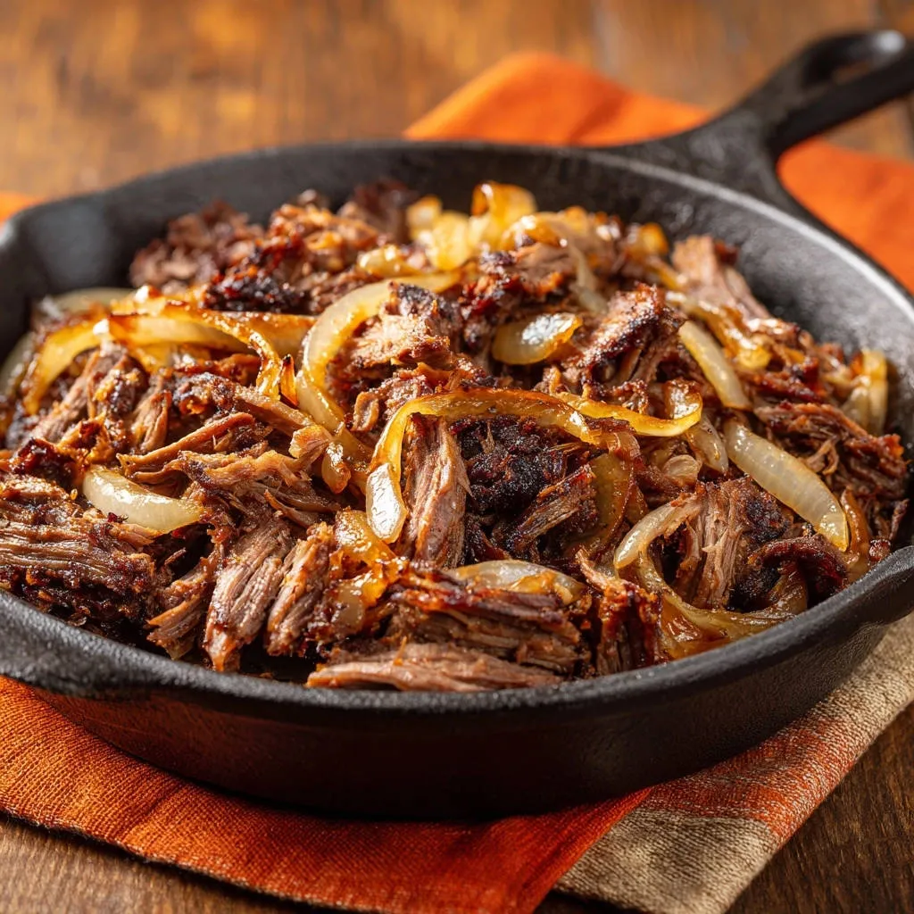 Skillet shredded beef with caramelized onions served in a cast iron skillet, showcasing tender, pulled meat.