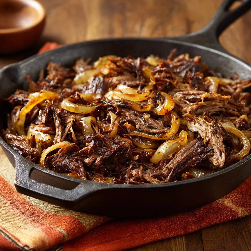 Skillet shredded beef with caramelized onions served in a cast iron pan, shown in a close-up view.
