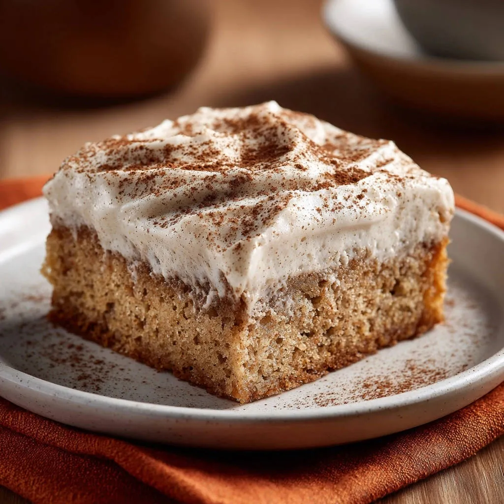 Classic spiced cake with cream cheese frosting, a single plated slice dusted with cinnamon.
