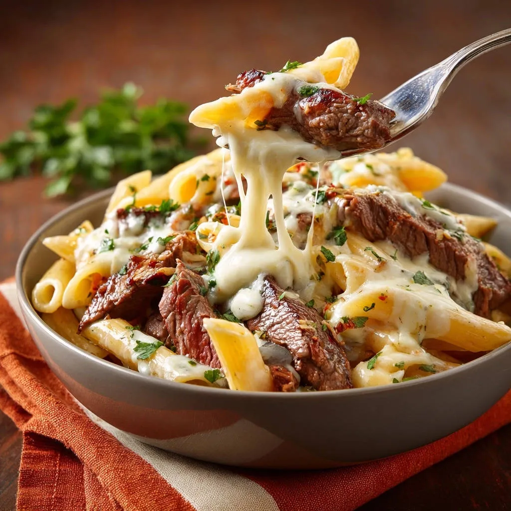 Steak & Cheese Pasta with a forkful lifting strands of velvety smooth, melty cheese over the dish.