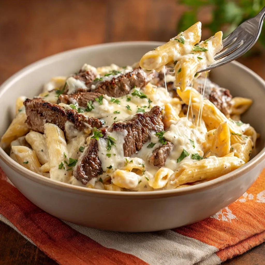 Steak & Cheese Pasta with a forkful showing the deliciously stretchy melted cheese sauce.