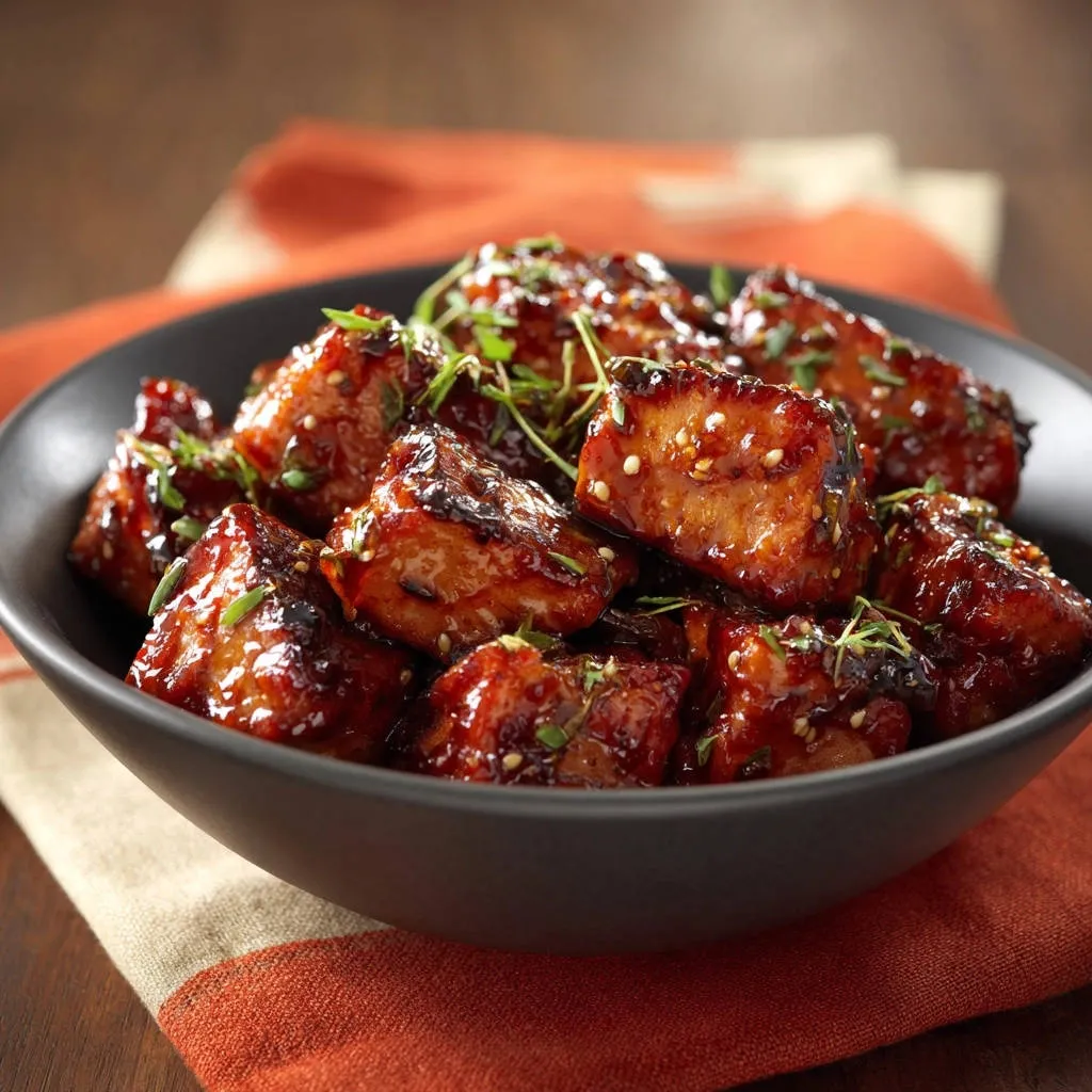 Sticky glazed chicken bites in a black bowl, showcasing the glossy glaze and fresh herb garnish in a close-up view.