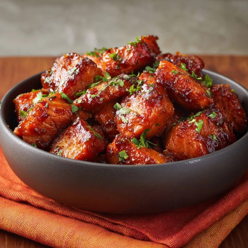 Sticky glazed chicken bites are served in a dark bowl, generously garnished with fresh parsley.