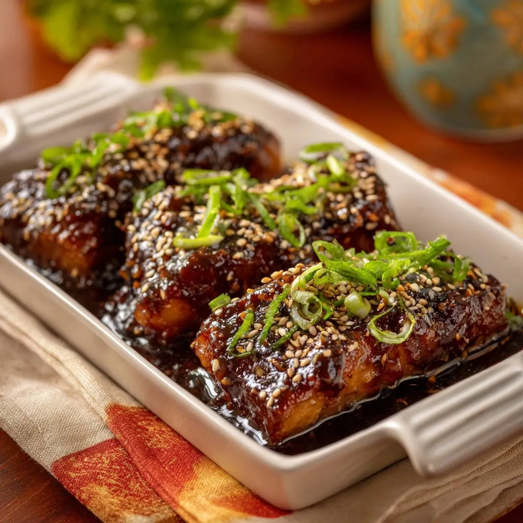 Sticky glazed tofu bites shown close-up, generously sprinkled with sesame seeds and fresh green scallions.