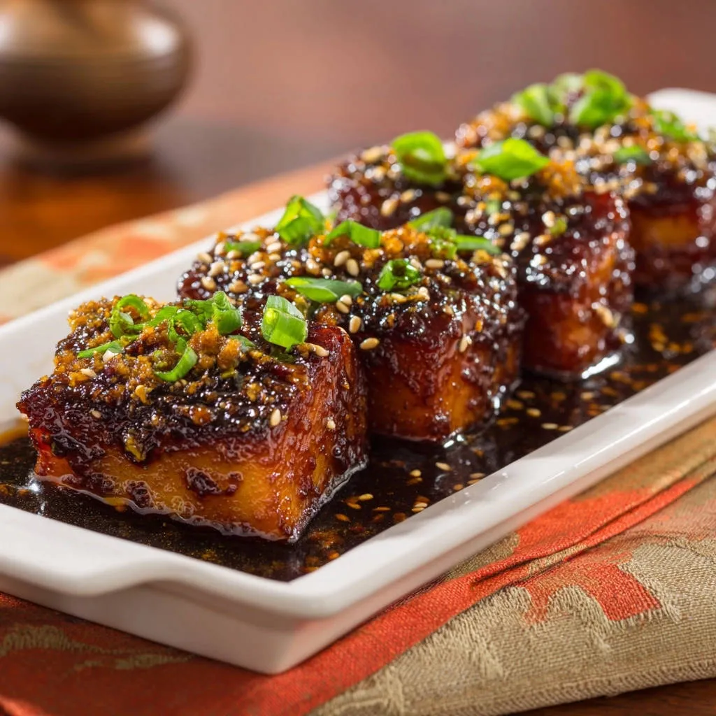 Sticky glazed tofu bites presented as glistening cubes on a white platter, topped with sesame seeds and scallions.