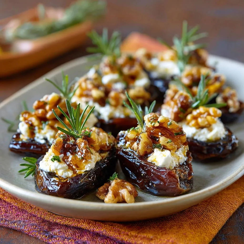 Elegant stuffed dates with rosemary-candied walnuts, served on a plate with a close-up view of the sweet and savory filling.