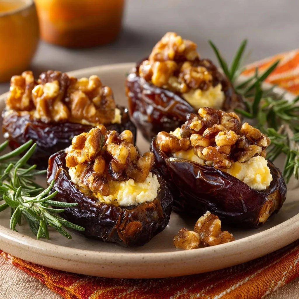 Elegant stuffed dates with rosemary-candied walnuts plated on a saucer with fresh rosemary sprigs.