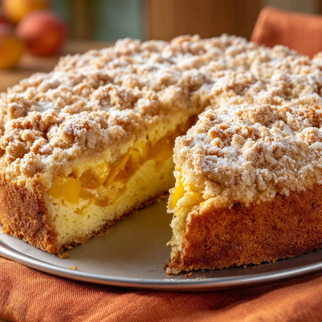 Summer Peach Crumb Cake cross-section revealing tender cake layers filled with juicy peaches and topped with a golden crumb topping.