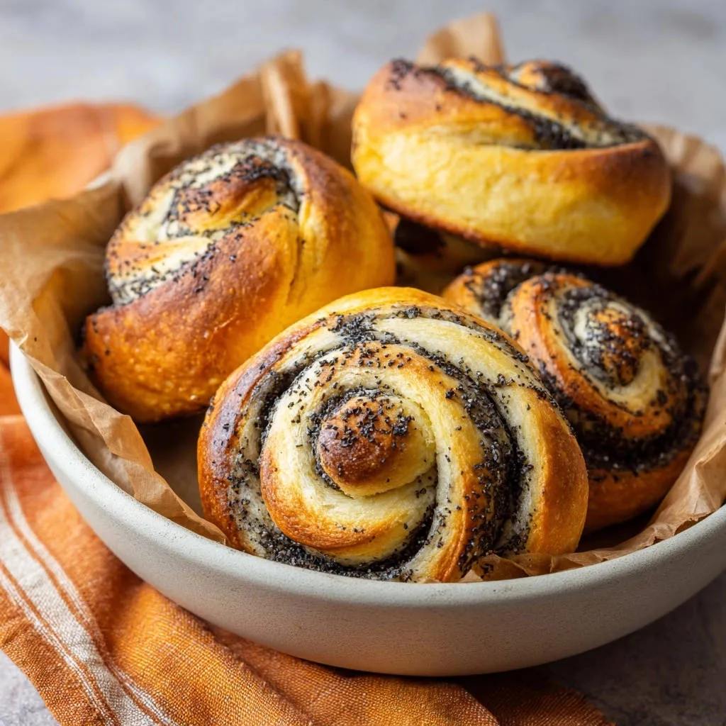 Sweet poppy seed swirls are arranged in a bowl, showcasing their golden-brown crust and dark poppy seed filling.