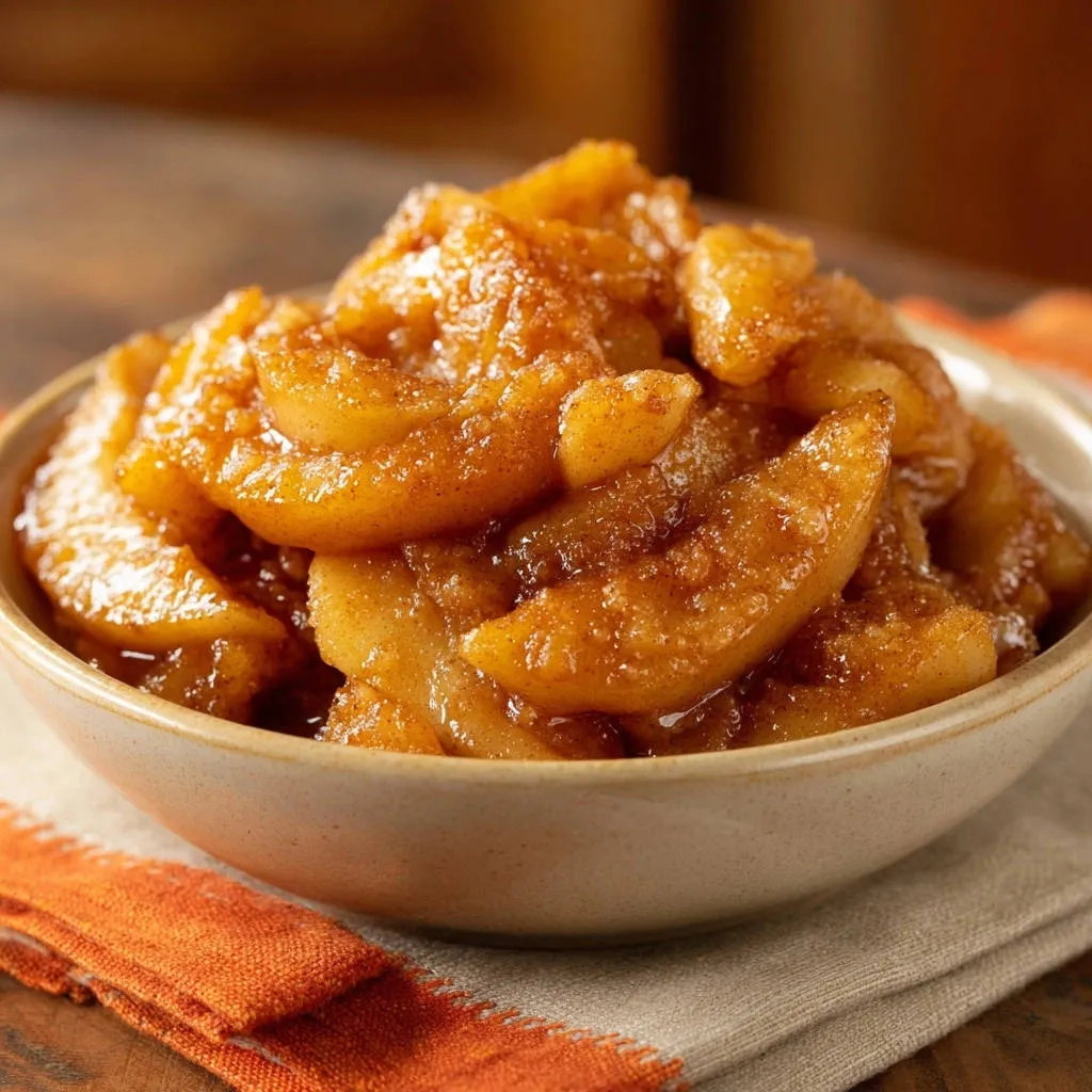 Sweet spiced apples shown in a close-up view within a rustic bowl, highlighting their tender texture and cinnamon coating.