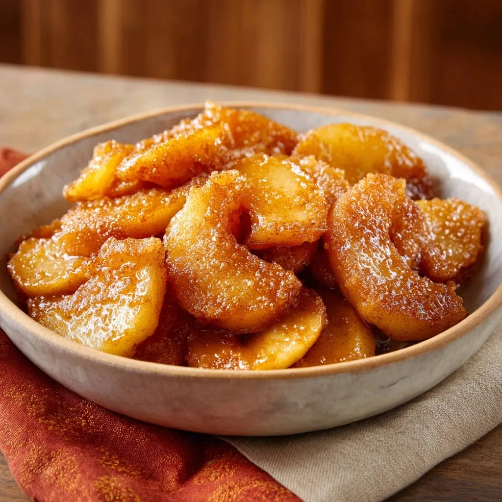 Sweet spiced apples are shown in a close-up view within a rustic bowl, glistening with cinnamon sugar.