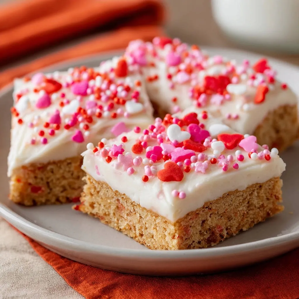 Sweetheart Celebration Bars with a close-up view of white frosting and festive red, pink, and white sprinkles.