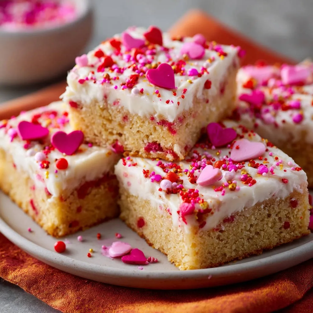 Sweetheart Celebration Bars stacked on a plate, topped with white frosting and festive Valentine's Day sprinkles.