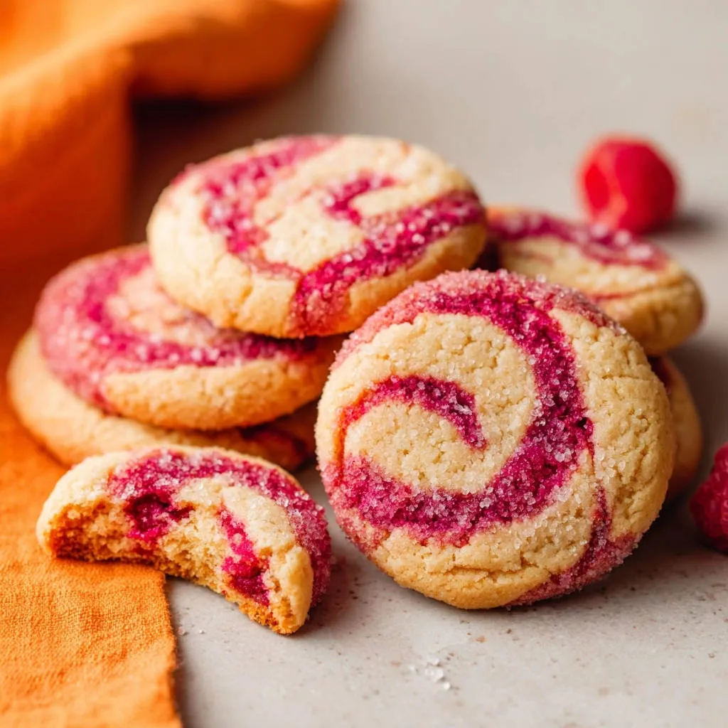 Pretty swirl cookies close-up showing their sugar-coated exterior and vibrant raspberry filling.
