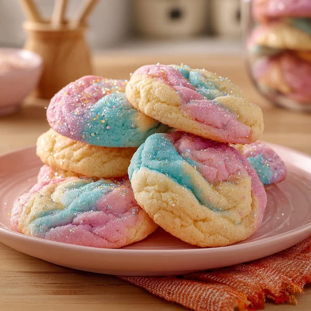 Swirled rainbow sugar cookies piled high on a pink plate, showcasing pastel colors and sparkling sugar.