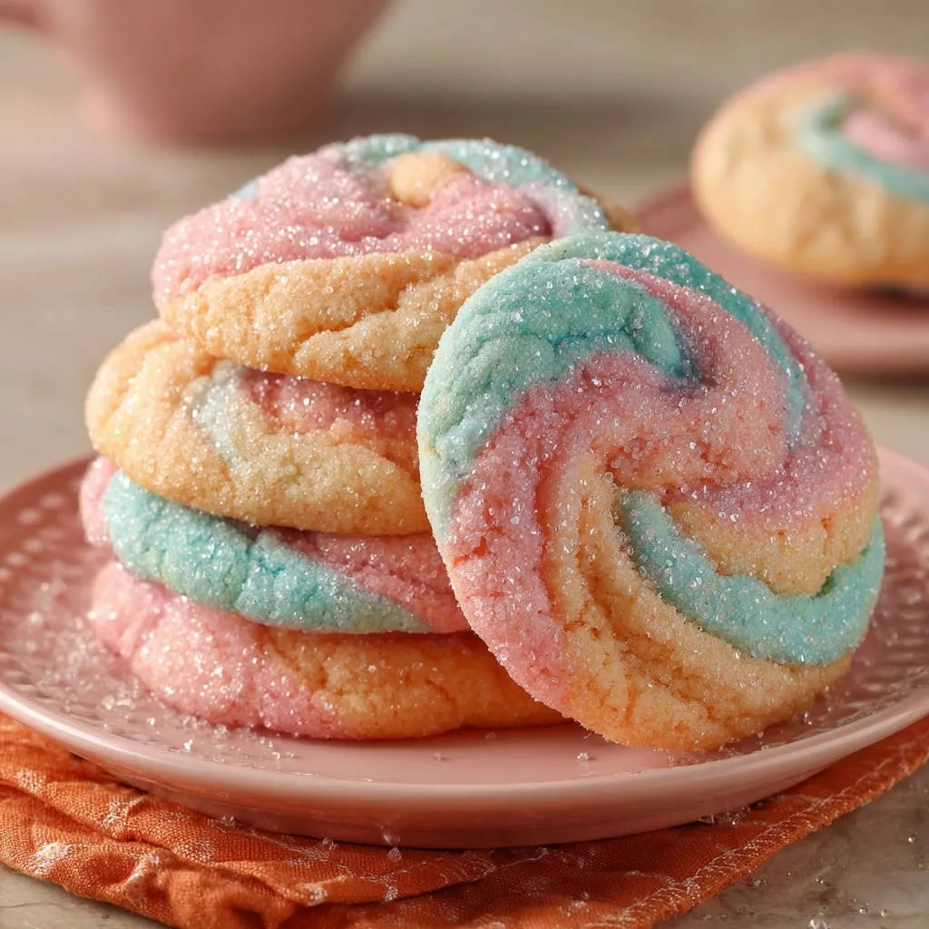 Swirled rainbow sugar cookies stacked on a pink plate, showcasing their colorful, sparkling sugar coating.