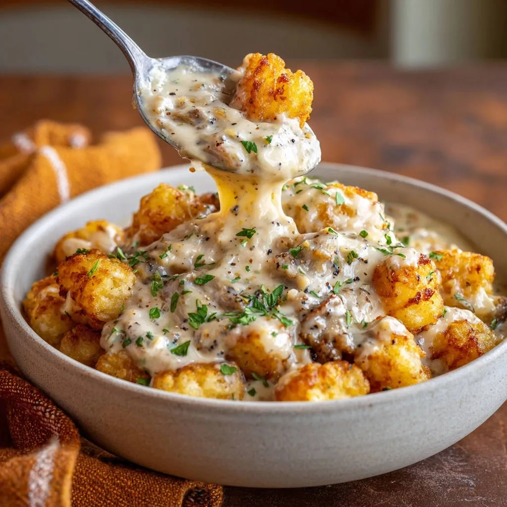 Ultimate Tater Tot Breakfast Bowl with a spoonful lifting the creamy sauce and tots.