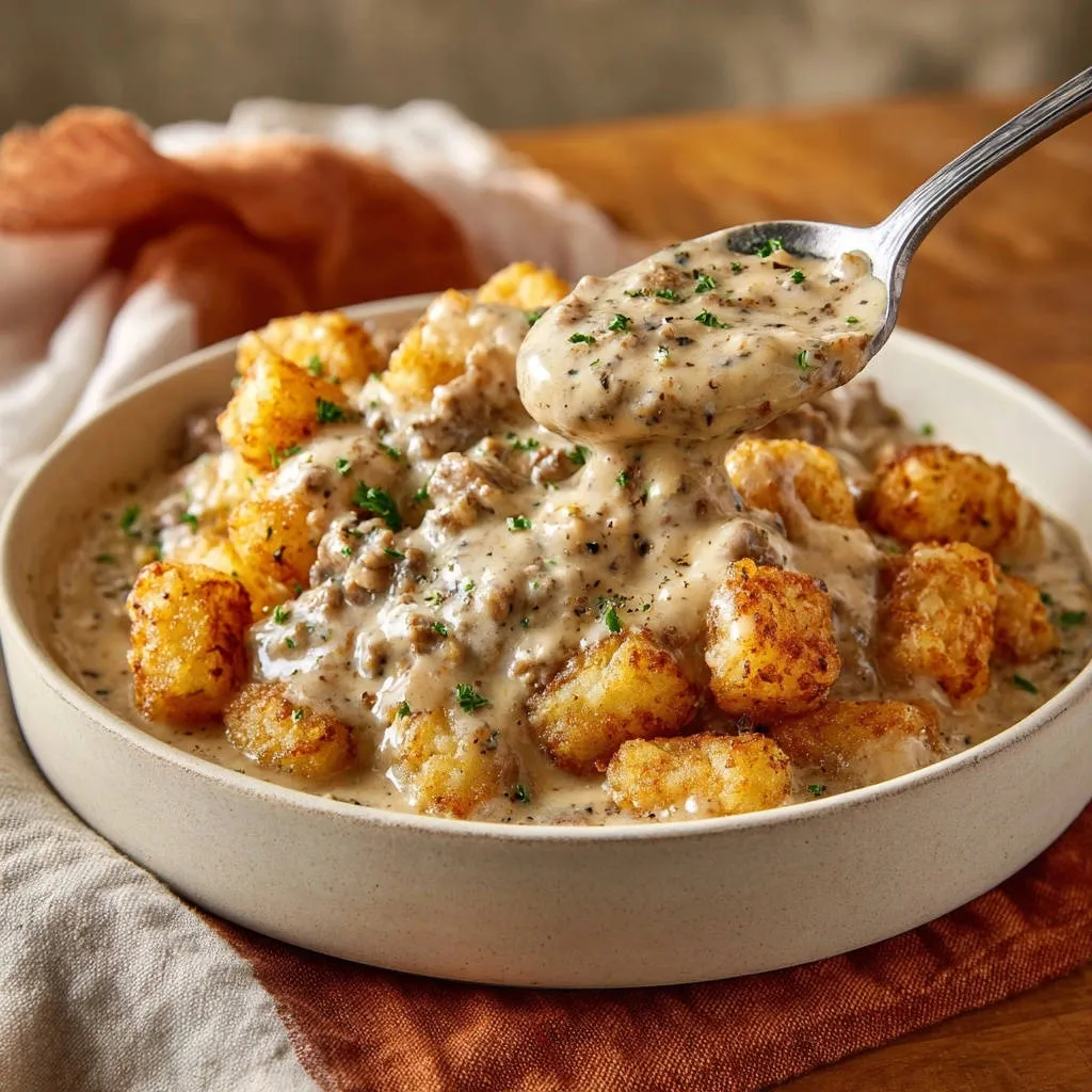 Ultimate Tater Tot Breakfast Bowl with a spoonful of creamy sausage gravy being lifted from the dish.