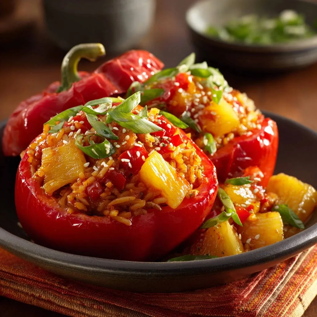 Tropical chicken stuffed peppers shown in a close-up view, highlighting the savory rice and pineapple filling inside the red bell peppers.