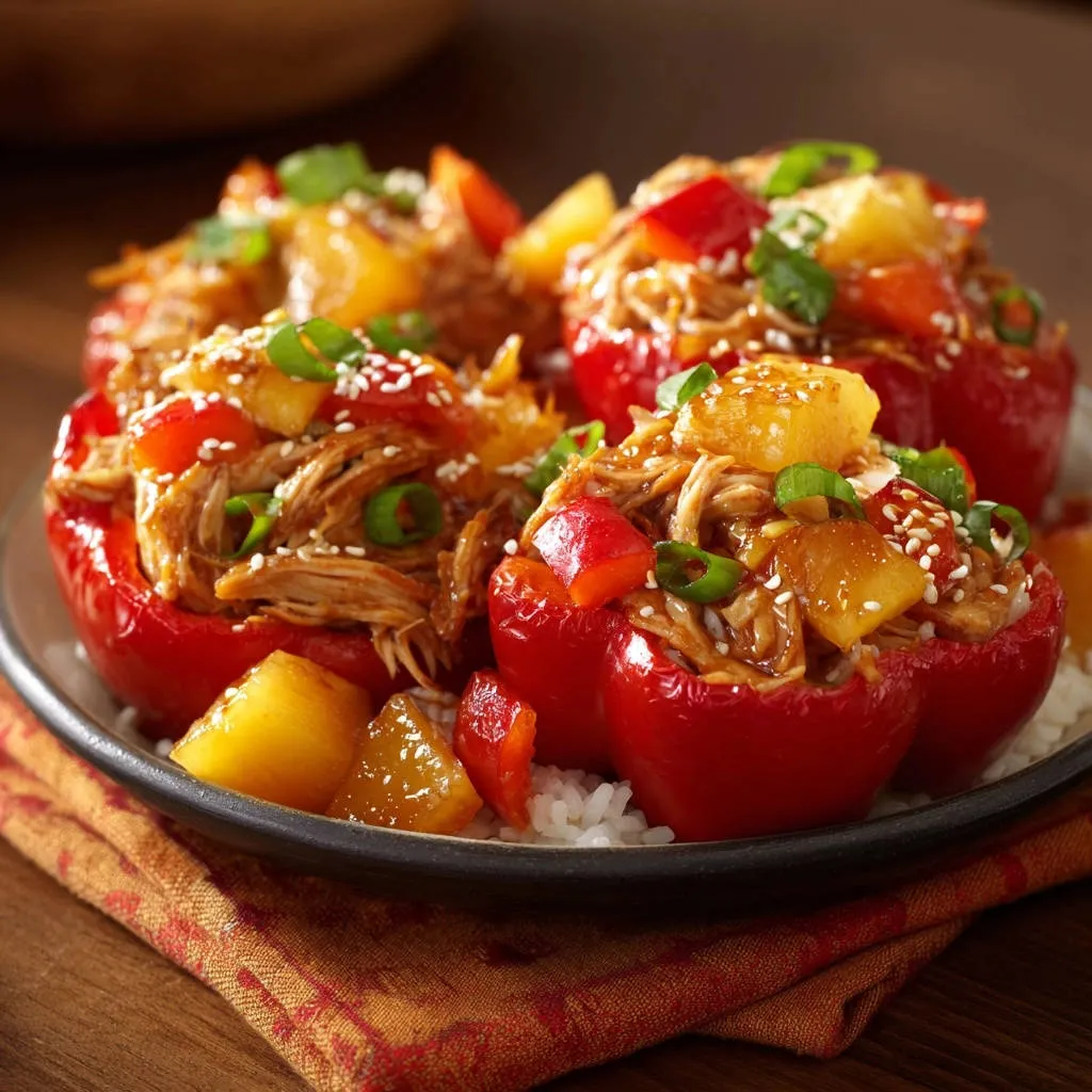 Tropical chicken stuffed peppers close-up, showcasing shredded chicken, pineapple, and sesame seed garnish.