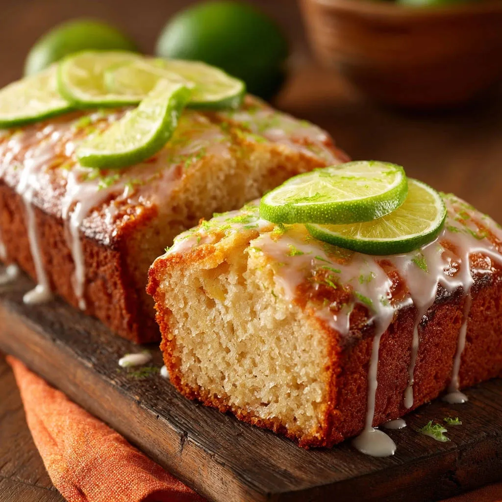 Zesty lime loaf shown in a close-up cross-section, with a drizzled glaze and fresh lime slices on top.
