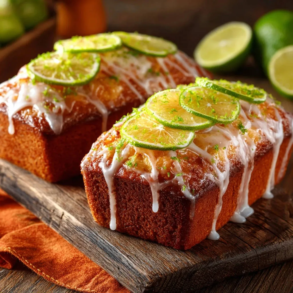 Zesty lime loaf drizzled with white glaze and topped with fresh lime slices and zest on a wooden board.