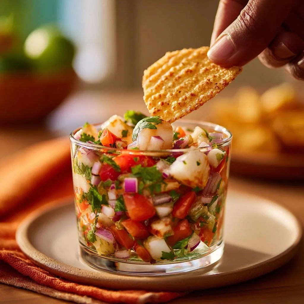 Zesty lime seafood cocktail being scooped with a ridged chip from a clear glass serving dish.