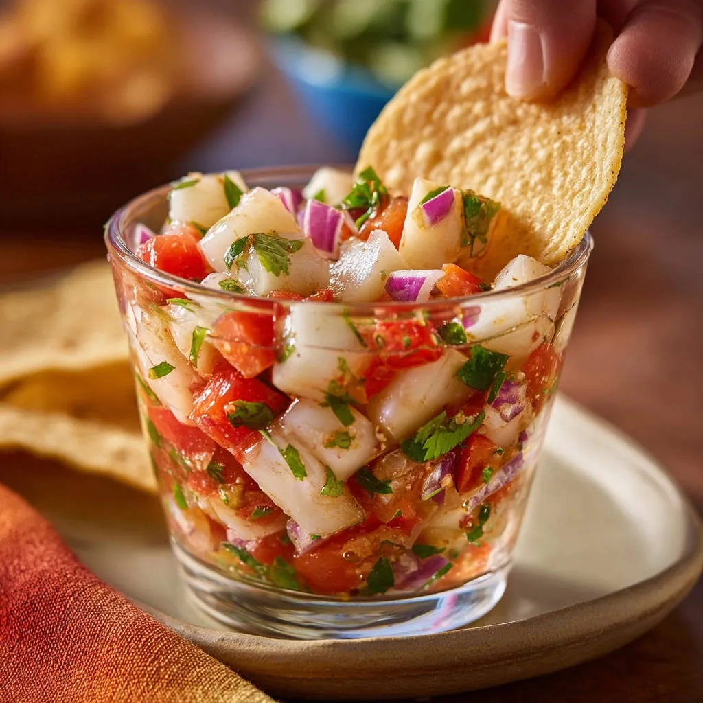 Zesty lime seafood cocktail served in a glass, with a tortilla chip being dipped into the fresh mixture.
