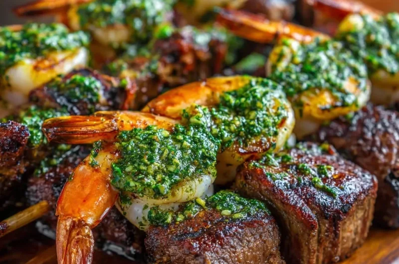 Grilled Beef and Shrimp Skewers with Vibrant Herb Sauce