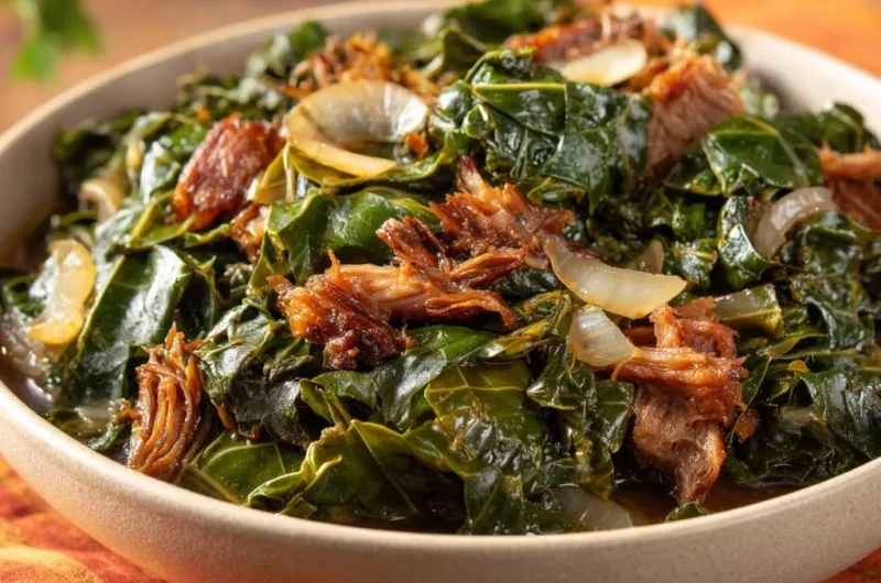 Hearty Braised Greens with Shredded Meat