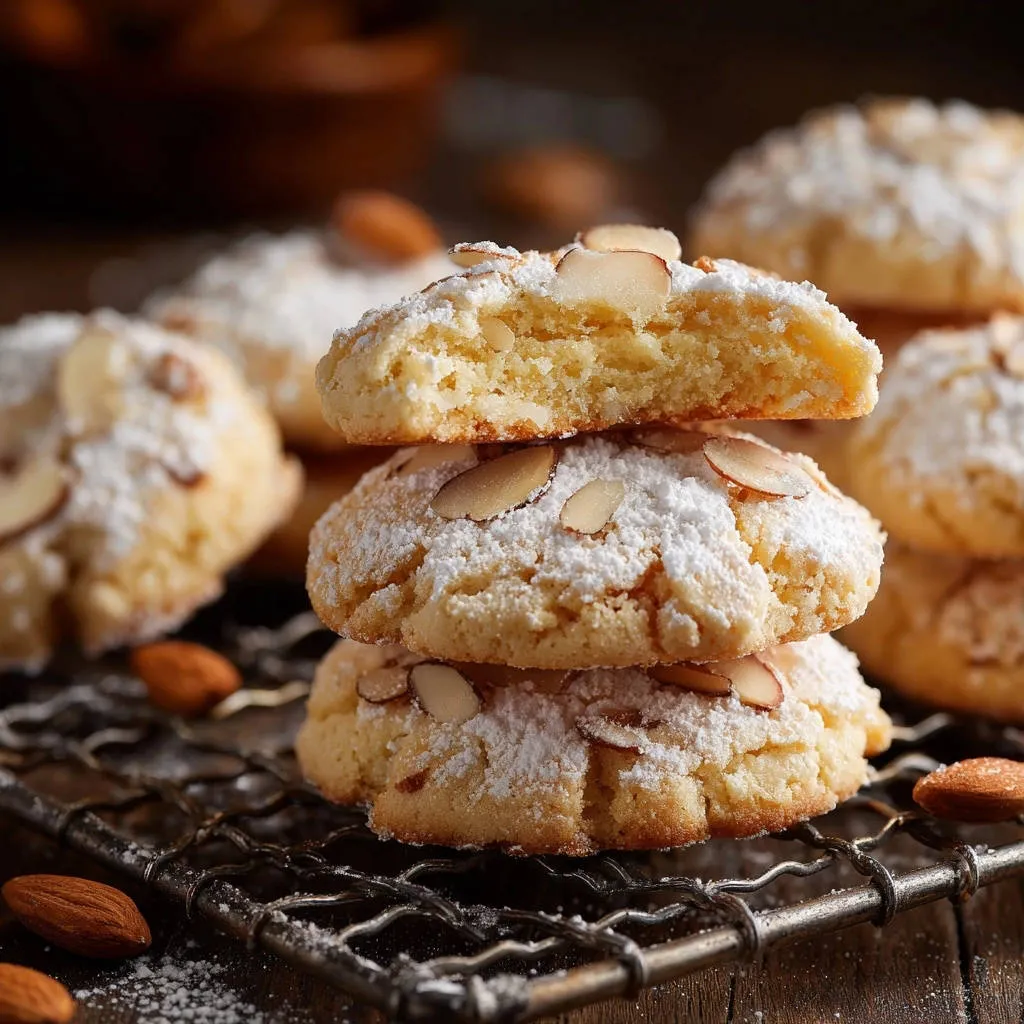 Classic almond cookies stacked with a detailed cross-section revealing their tender interior and almond slices.