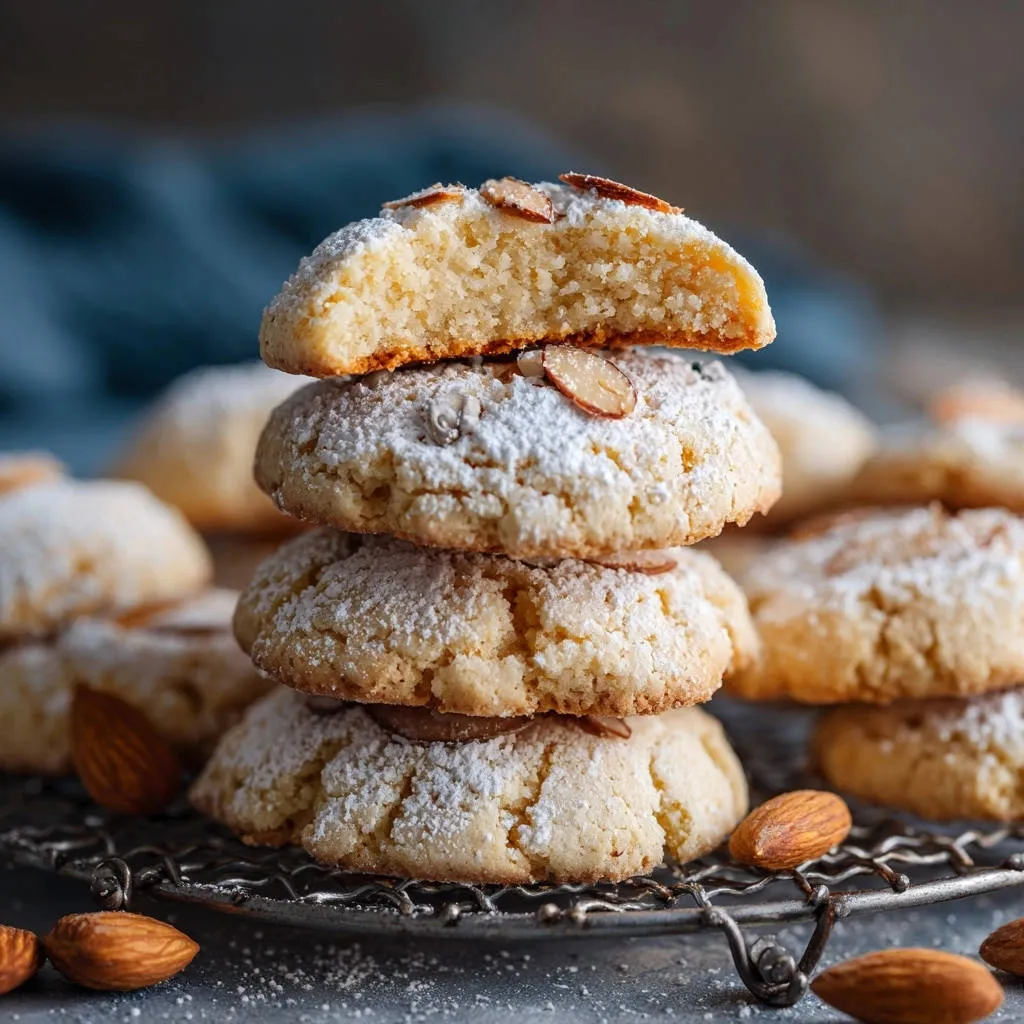 Classic almond cookies stacked high, with one cookie broken to reveal its tender, light, and fluffy interior.