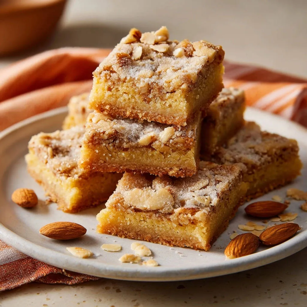 Almond crumble bars stacked on a white plate with whole and sliced almonds scattered around.