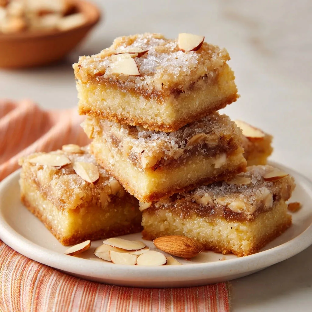 Almond crumble bars stacked on a plate, showcasing the moist interior and chewy texture with sliced almonds and sugar topping.