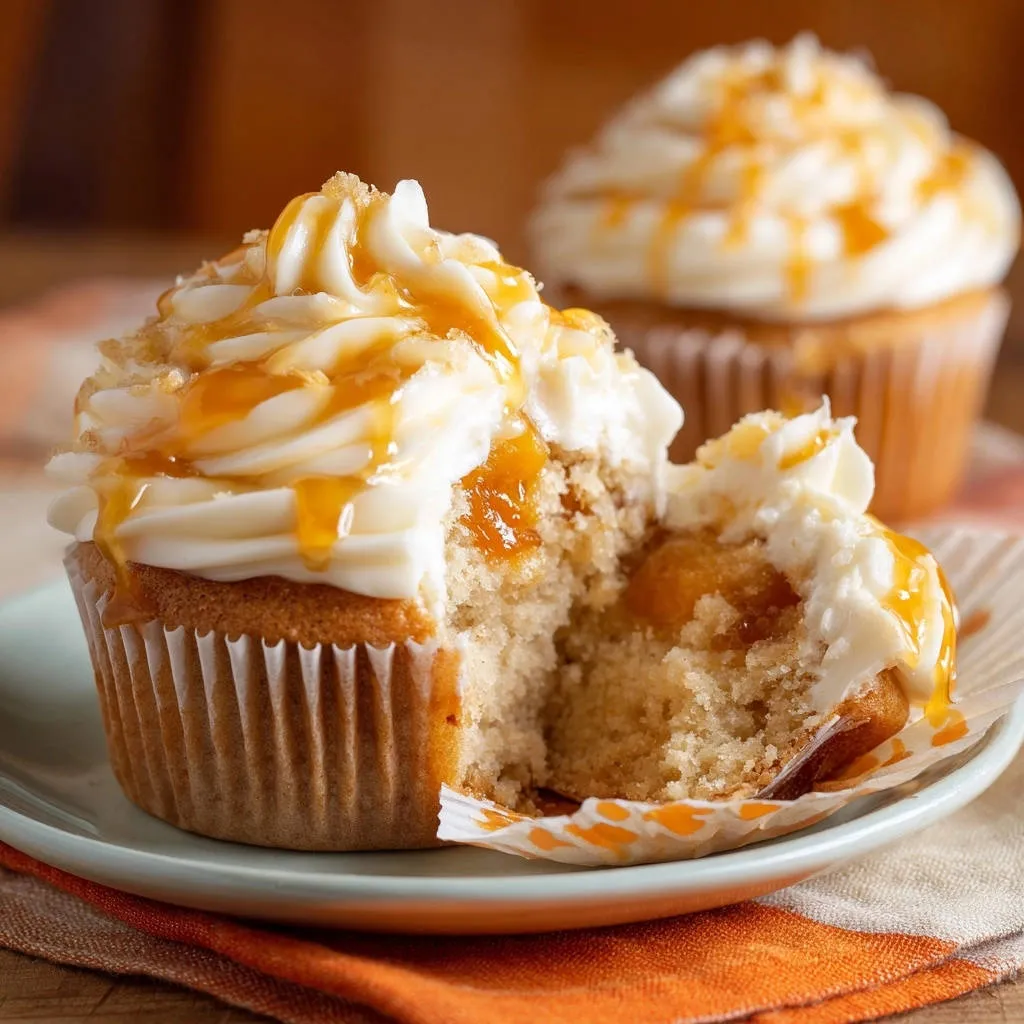Apricot filled cupcakes cross-section showing fluffy cake and sweet apricot filling, drizzled with caramel.