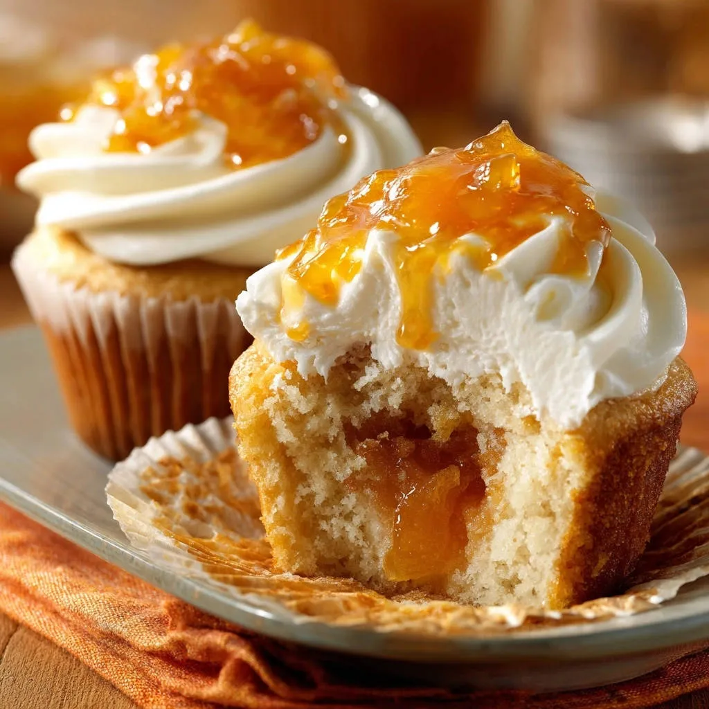Apricot filled cupcakes cross-section revealing fluffy cake and jam filling topped with whipped cream and apricot glaze.