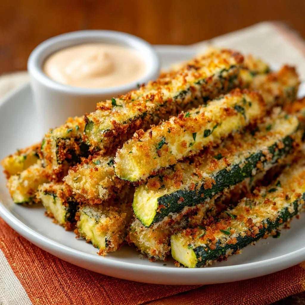 Crispy baked zucchini fries are plated with a side of dipping sauce, showcasing their golden-brown coating.