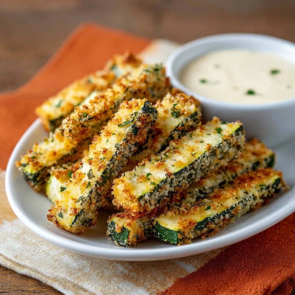 Crispy baked zucchini fries arranged on a white platter next to a bowl of dipping sauce.