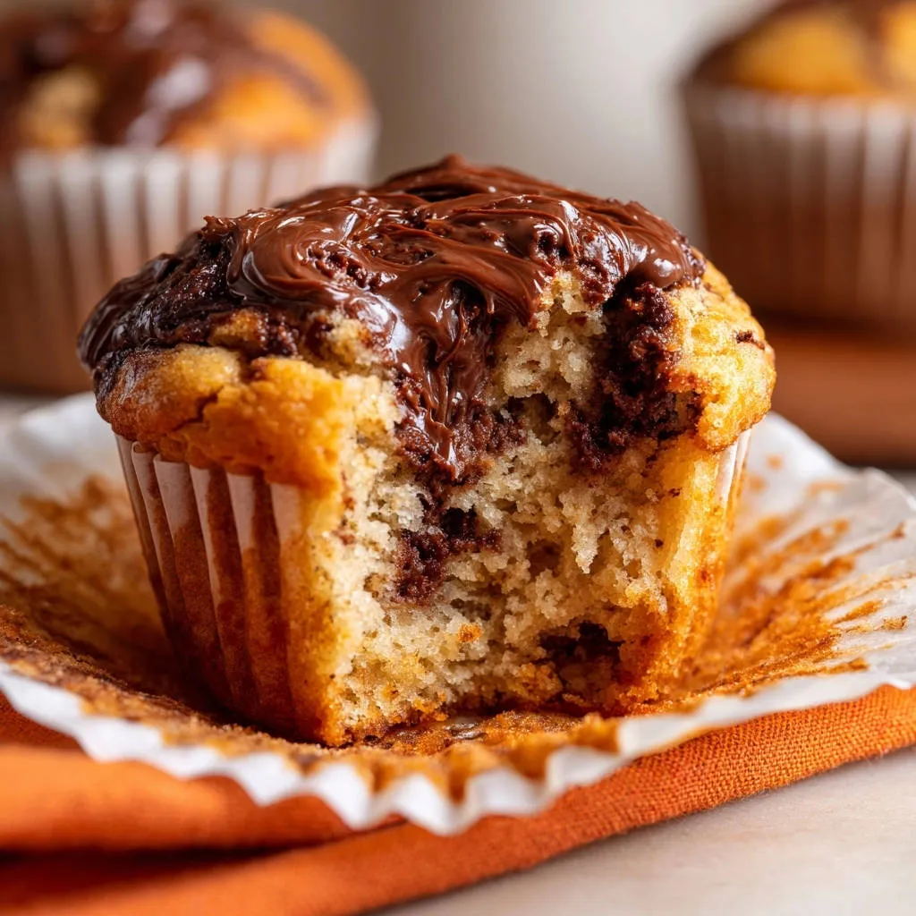 Banana chocolate swirl muffins, a close-up cross-section showing the moist interior and rich chocolate swirls.