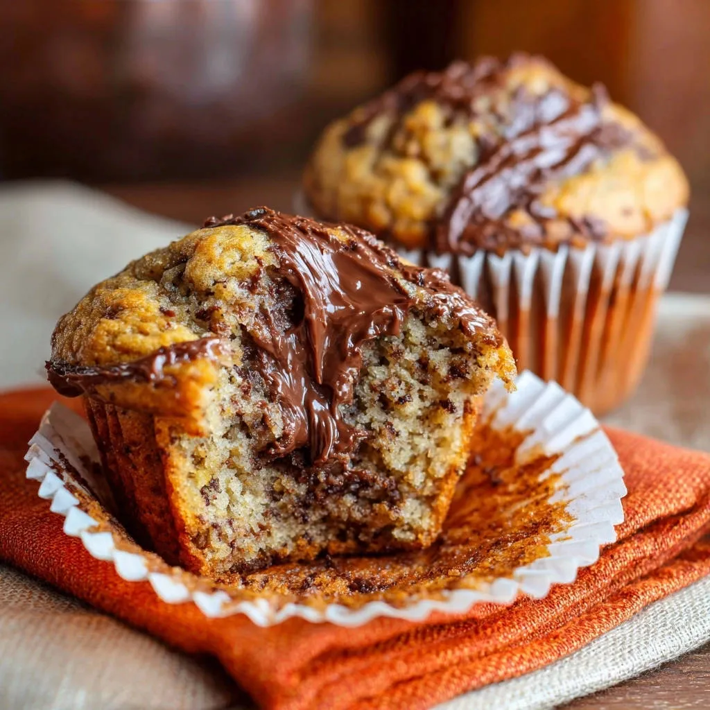 Banana chocolate swirl muffins, a close-up cross-section reveals a moist interior with melted Nutella filling.